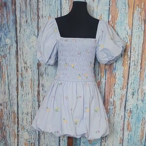 English Factory Light Blue Smocked Dress with Balloon Sleeves